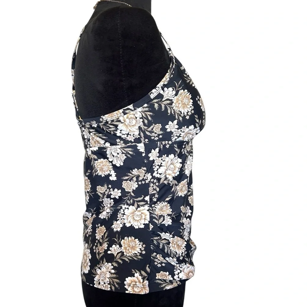Aqua Couture Womans Medium Black & Gold Floral Pattern Cross Back Swim Suit Top
